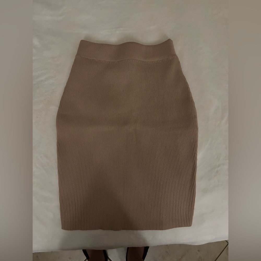 Roma Tan Ribbed Pencil Skirt